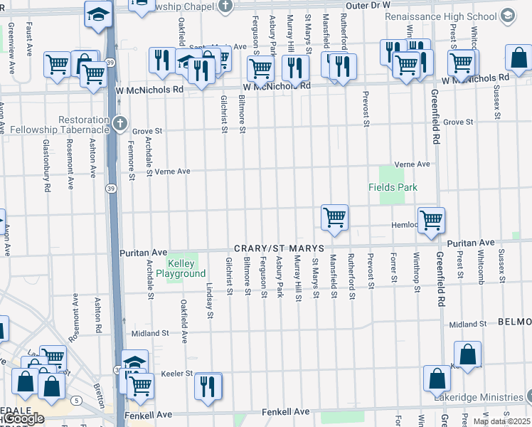 map of restaurants, bars, coffee shops, grocery stores, and more near 16160 Ferguson Street in Detroit