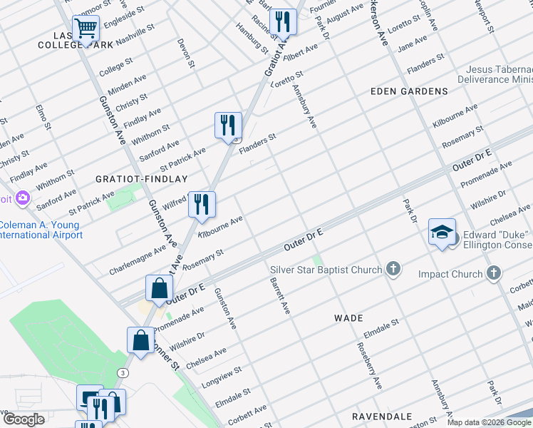map of restaurants, bars, coffee shops, grocery stores, and more near 12021 Rosemary Street in Detroit