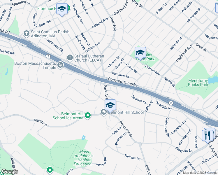 map of restaurants, bars, coffee shops, grocery stores, and more near 265 Rutledge Road in Belmont