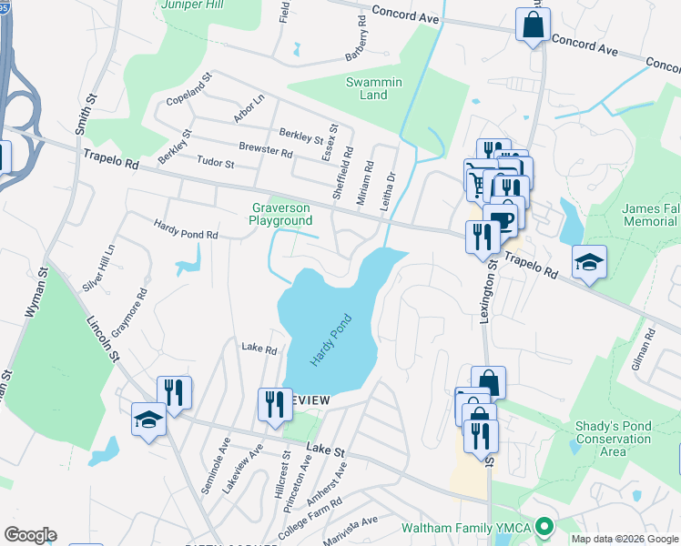 map of restaurants, bars, coffee shops, grocery stores, and more near 88 Hardy Pond Road in Waltham