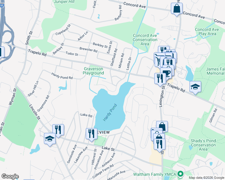 map of restaurants, bars, coffee shops, grocery stores, and more near 88 Hardy Pond Road in Waltham