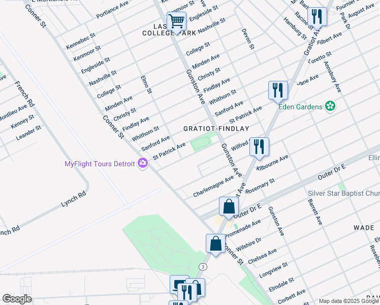 map of restaurants, bars, coffee shops, grocery stores, and more near 11443 Flanders Street in Detroit