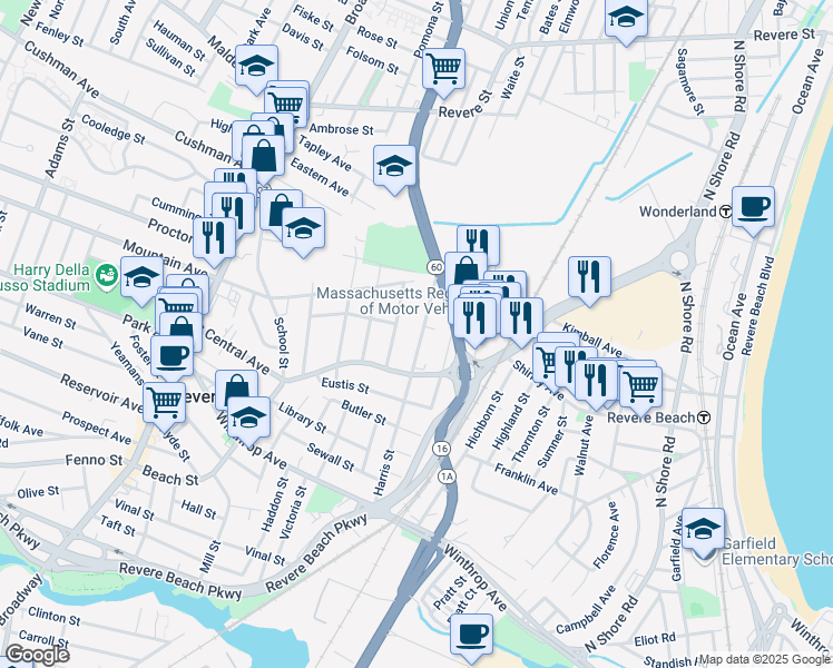 map of restaurants, bars, coffee shops, grocery stores, and more near 160 Harris Street in Revere