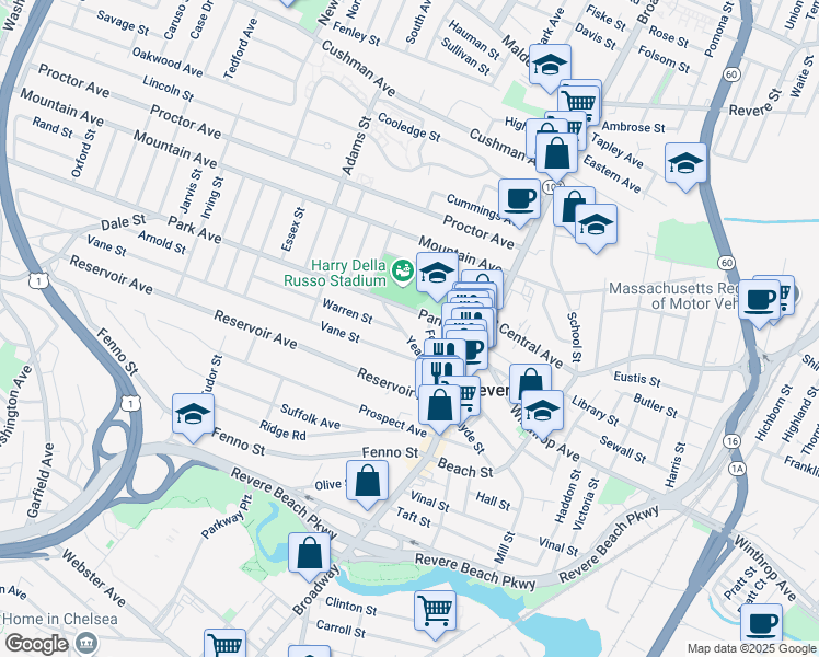 map of restaurants, bars, coffee shops, grocery stores, and more near 39 Vane Street in Revere
