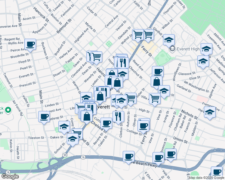 map of restaurants, bars, coffee shops, grocery stores, and more near 8 Hampshire Street in Everett