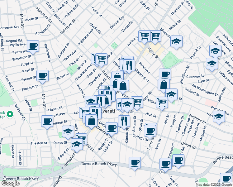 map of restaurants, bars, coffee shops, grocery stores, and more near 8 Hampshire Street in Everett