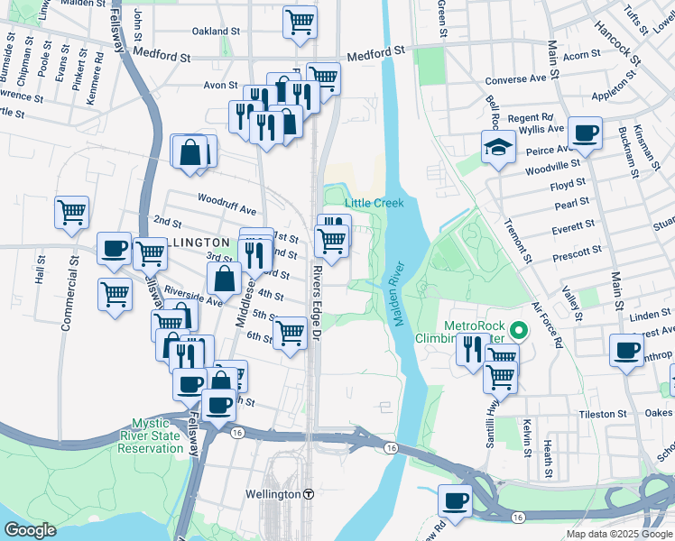 map of restaurants, bars, coffee shops, grocery stores, and more near 100 Rivers Edge Drive in Medford