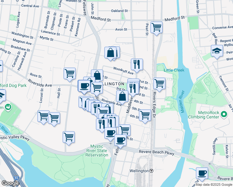 map of restaurants, bars, coffee shops, grocery stores, and more near 558 Riverside Avenue in Medford