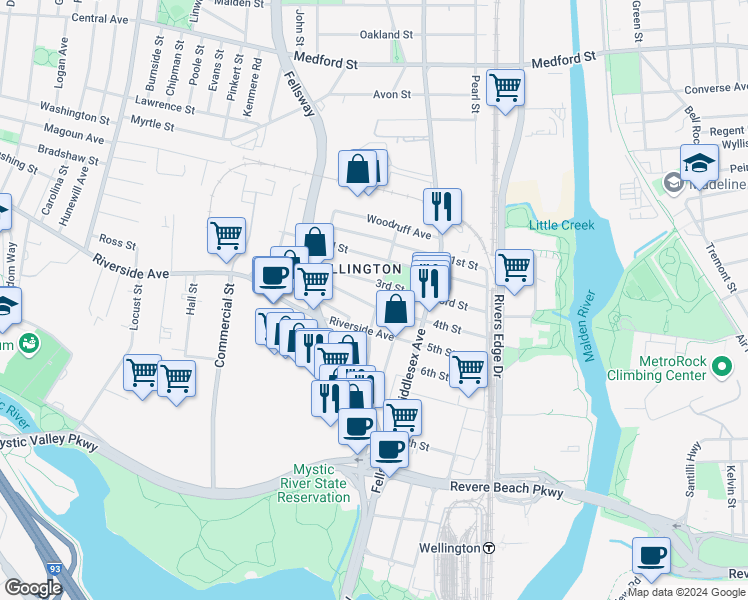map of restaurants, bars, coffee shops, grocery stores, and more near 558 Riverside Avenue in Medford