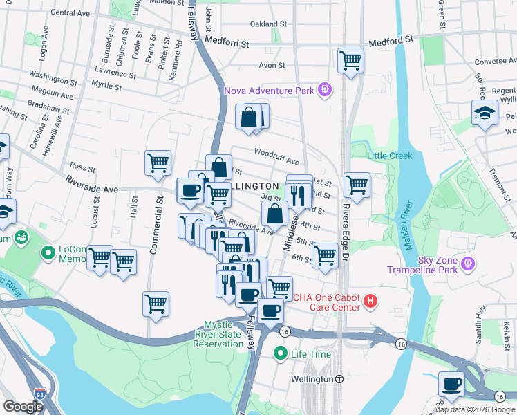 map of restaurants, bars, coffee shops, grocery stores, and more near 558 Riverside Avenue in Medford