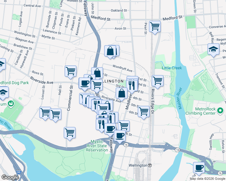 map of restaurants, bars, coffee shops, grocery stores, and more near 558 Riverside Avenue in Medford