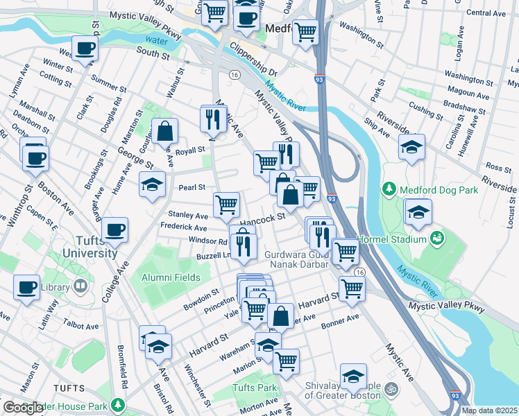 map of restaurants, bars, coffee shops, grocery stores, and more near 37 Hancock Street in Medford
