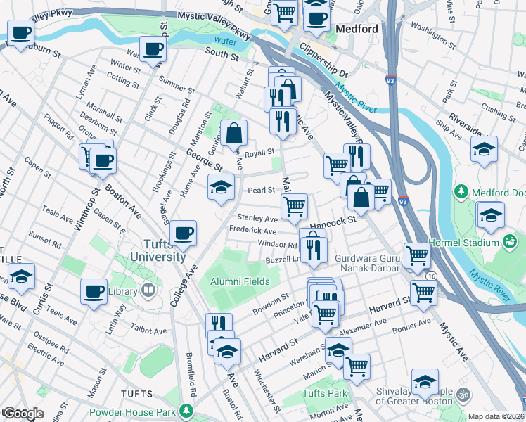 map of restaurants, bars, coffee shops, grocery stores, and more near 61 Frederick Avenue in Medford