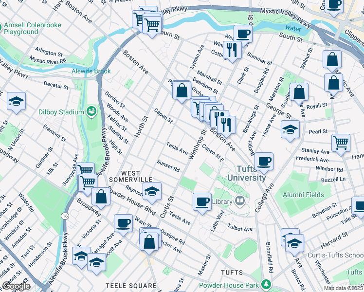 map of restaurants, bars, coffee shops, grocery stores, and more near 20 Tesla Avenue in Medford