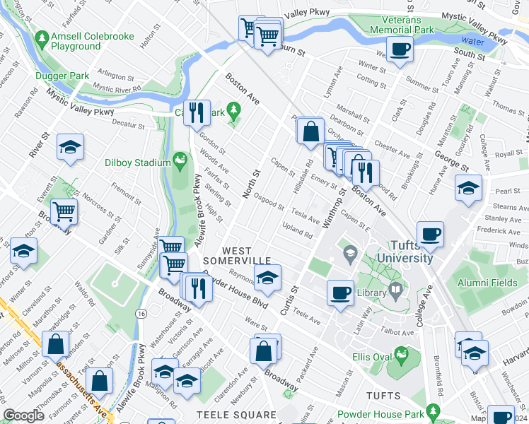 map of restaurants, bars, coffee shops, grocery stores, and more near 106 Adams Street in Somerville