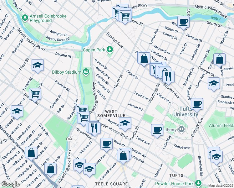 map of restaurants, bars, coffee shops, grocery stores, and more near 106 Adams Street in Somerville