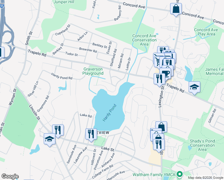 map of restaurants, bars, coffee shops, grocery stores, and more near 88 Hardy Pond Road in Waltham