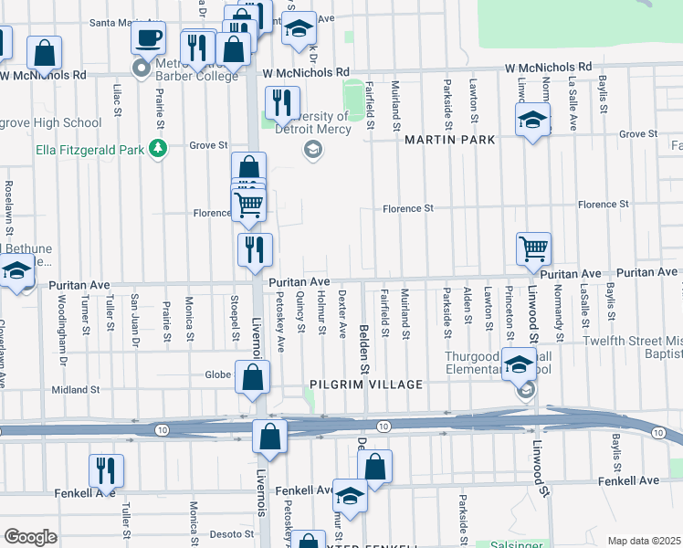 map of restaurants, bars, coffee shops, grocery stores, and more near 15919 Belden Street in Detroit
