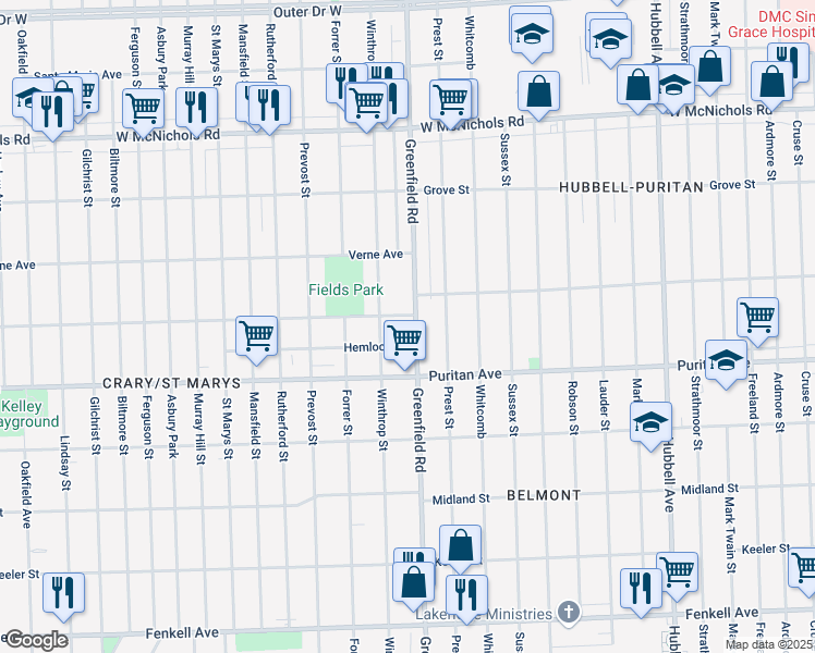 map of restaurants, bars, coffee shops, grocery stores, and more near 16140 Greenfield Road in Detroit