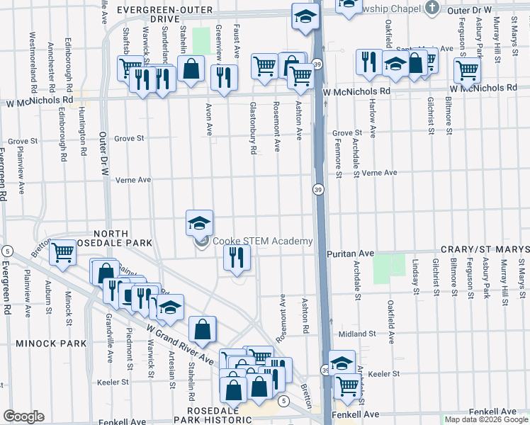 map of restaurants, bars, coffee shops, grocery stores, and more near 16175 Rosemont Avenue in Detroit