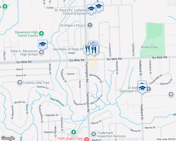 map of restaurants, bars, coffee shops, grocery stores, and more near 16799 Farmington Srv Road in Livonia