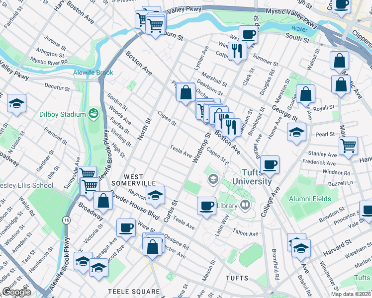 map of restaurants, bars, coffee shops, grocery stores, and more near 20 Tesla Avenue in Medford