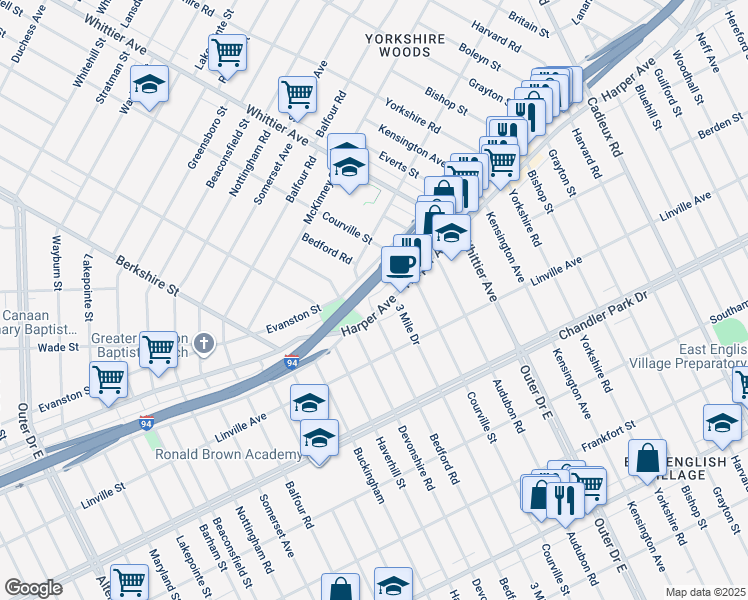 map of restaurants, bars, coffee shops, grocery stores, and more near 5960 Bedford Street in Detroit