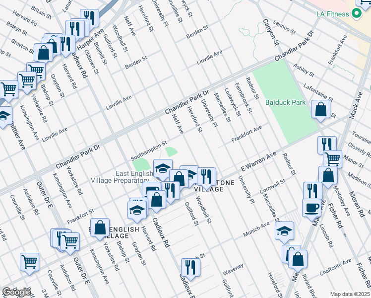 map of restaurants, bars, coffee shops, grocery stores, and more near 5251 Neff Avenue in Detroit
