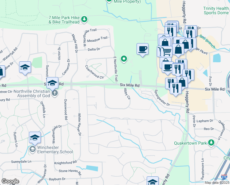 map of restaurants, bars, coffee shops, grocery stores, and more near 40405 Six Mile Road in Northville