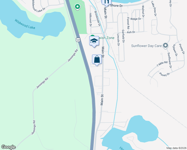 map of restaurants, bars, coffee shops, grocery stores, and more near 8711 North Main Street in Whitmore Lake