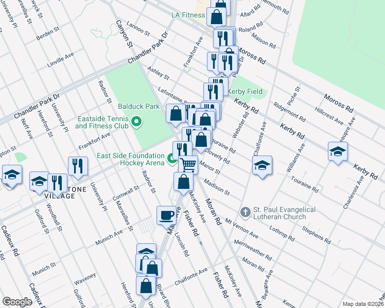 map of restaurants, bars, coffee shops, grocery stores, and more near 18416 Mack Avenue in Grosse Pointe Farms