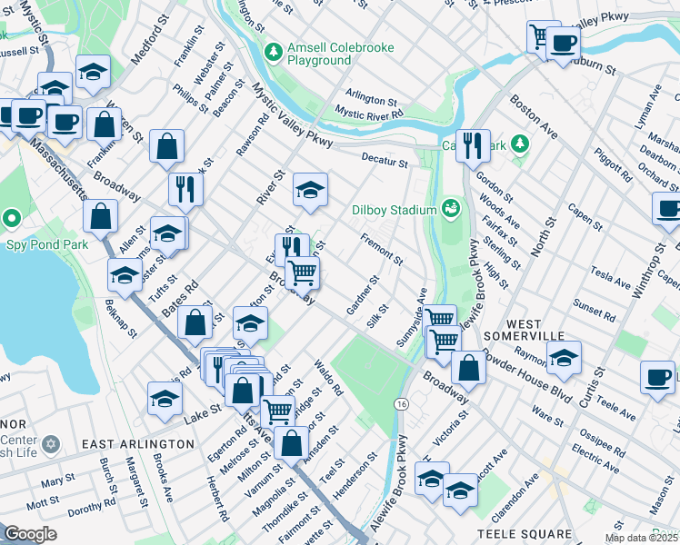 map of restaurants, bars, coffee shops, grocery stores, and more near 47 Norcross Street in Arlington