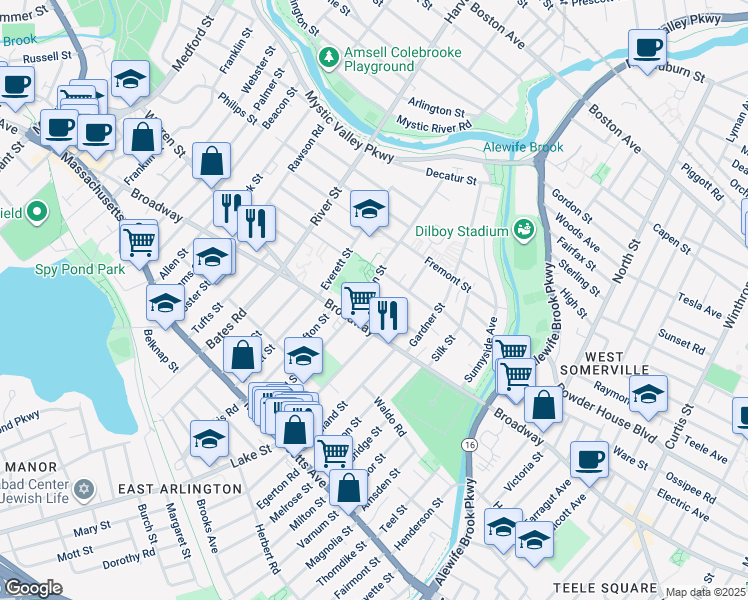 map of restaurants, bars, coffee shops, grocery stores, and more near 6 Harris Circle in Arlington