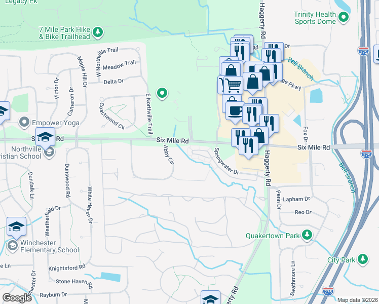 map of restaurants, bars, coffee shops, grocery stores, and more near 39679 Springwater Drive in Northville