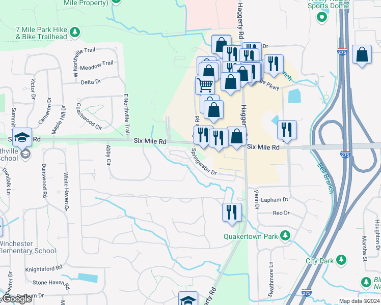 map of restaurants, bars, coffee shops, grocery stores, and more near 39839 Rockcrest Circle in Northville