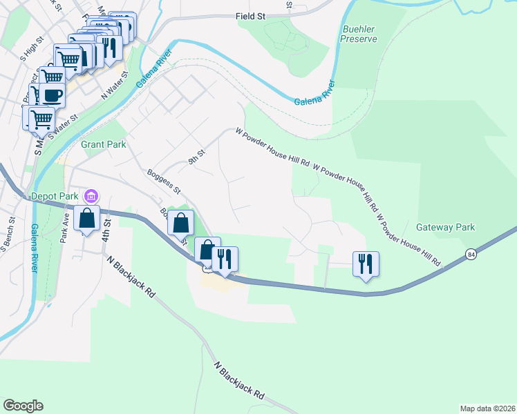 map of restaurants, bars, coffee shops, grocery stores, and more near 9320 Saturn Lane in Galena