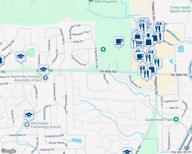 map of restaurants, bars, coffee shops, grocery stores, and more near 40405 Six Mile Road in Northville