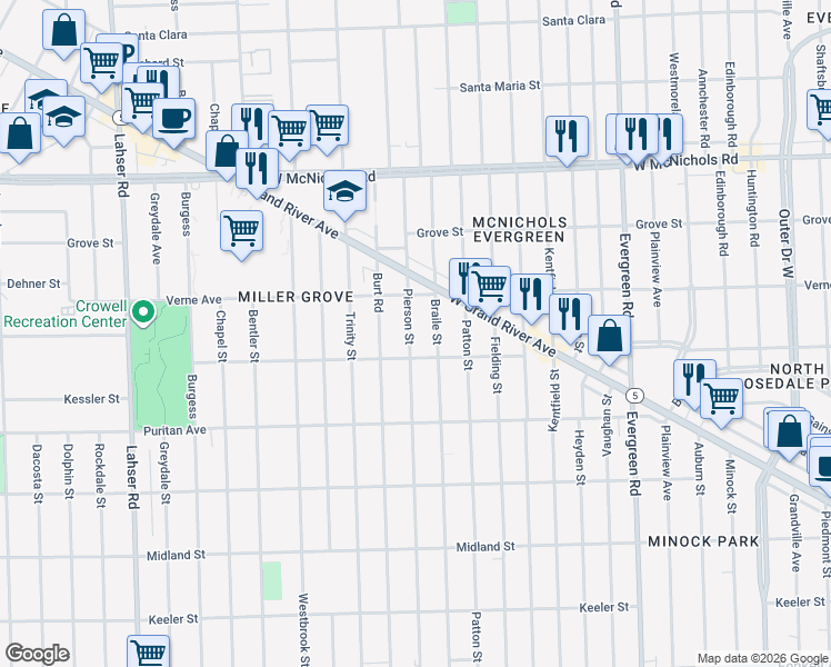 map of restaurants, bars, coffee shops, grocery stores, and more near 16544 Pierson Street in Detroit