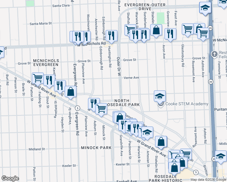 map of restaurants, bars, coffee shops, grocery stores, and more near 9282 Outer Drive West in Detroit