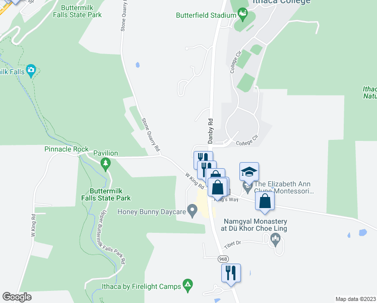 map of restaurants, bars, coffee shops, grocery stores, and more near 122 Birdseyeview Drive in Ithaca