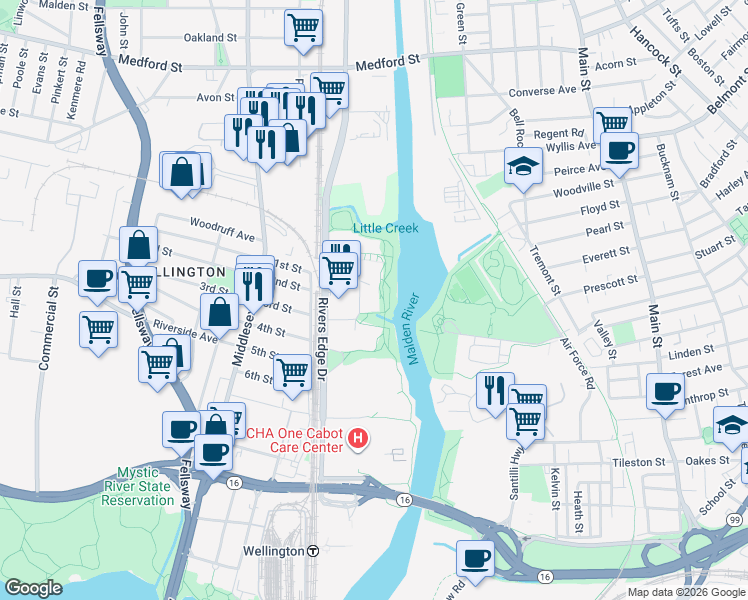 map of restaurants, bars, coffee shops, grocery stores, and more near 200 Rivers Edge Drive in Medford