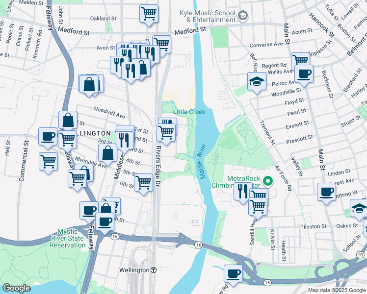 map of restaurants, bars, coffee shops, grocery stores, and more near 200 Rivers Edge Drive in Medford
