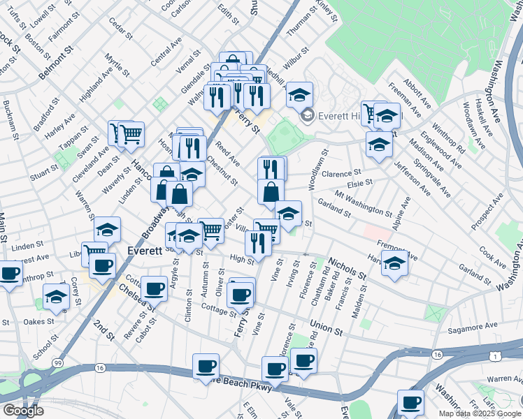 map of restaurants, bars, coffee shops, grocery stores, and more near 206 Ferry Street in Everett
