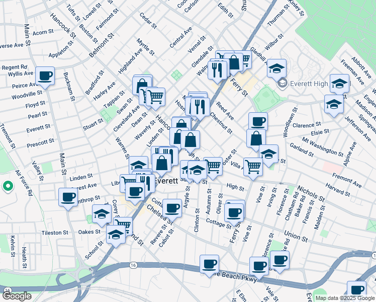 map of restaurants, bars, coffee shops, grocery stores, and more near 577 Broadway in Everett