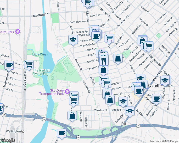 map of restaurants, bars, coffee shops, grocery stores, and more near 57 Prescott Street in Everett