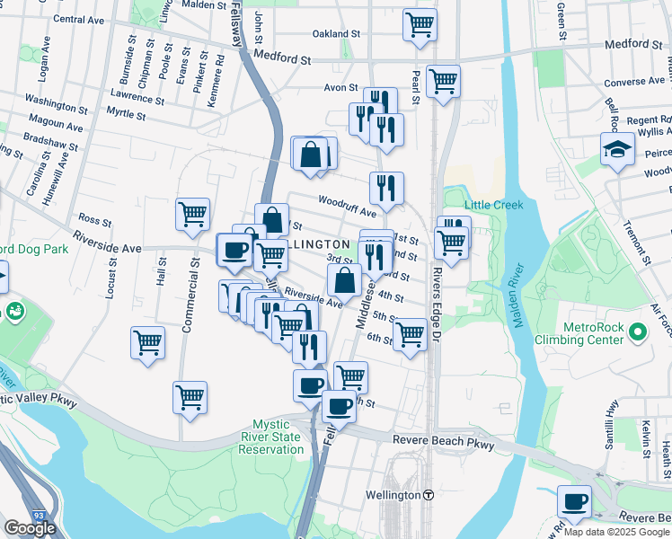map of restaurants, bars, coffee shops, grocery stores, and more near 83 3rd Street in Medford