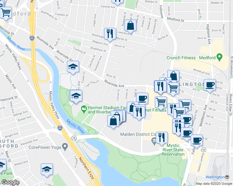 map of restaurants, bars, coffee shops, grocery stores, and more near 373 Riverside Avenue in Medford