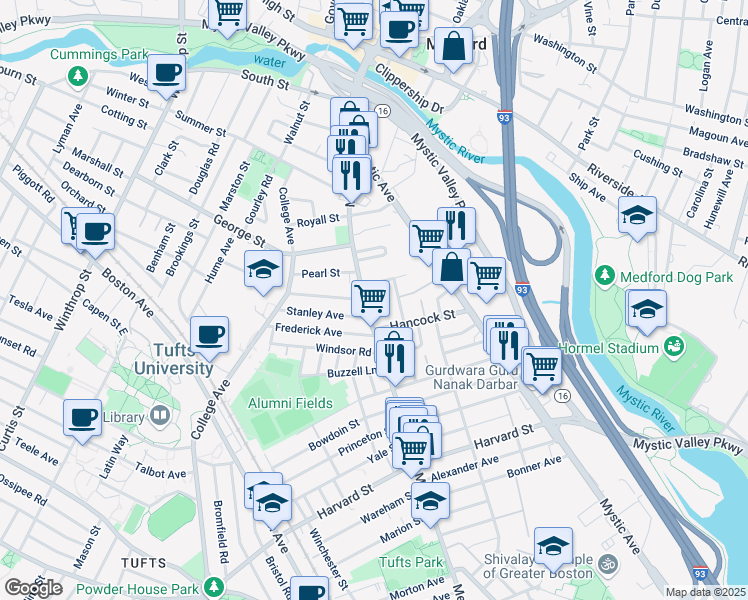 map of restaurants, bars, coffee shops, grocery stores, and more near 22 Hancock Avenue in Medford