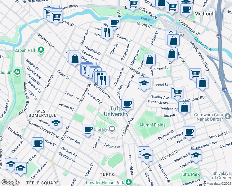 map of restaurants, bars, coffee shops, grocery stores, and more near 61 Burget Avenue in Medford