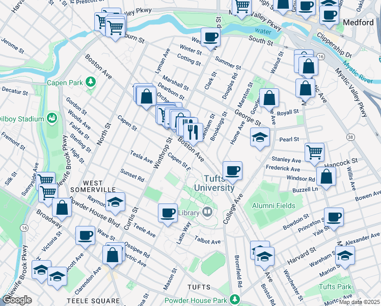 map of restaurants, bars, coffee shops, grocery stores, and more near 349 Boston Avenue in Medford